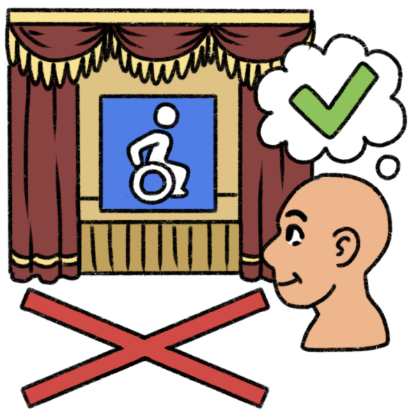 a stage with red and yellow curtains framing a blue square with an active wheelchair user symbol. A person looks at the stage, and a thought bubble coming off them has a green checkmark inside it. Below all this is a large red X.